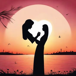 Illustrate 'عاشق', translated as 'lover'. Create an image that expresses deep love and passion, perhaps through a silhouette of a couple against a beautiful sunset or two intertwined hands.