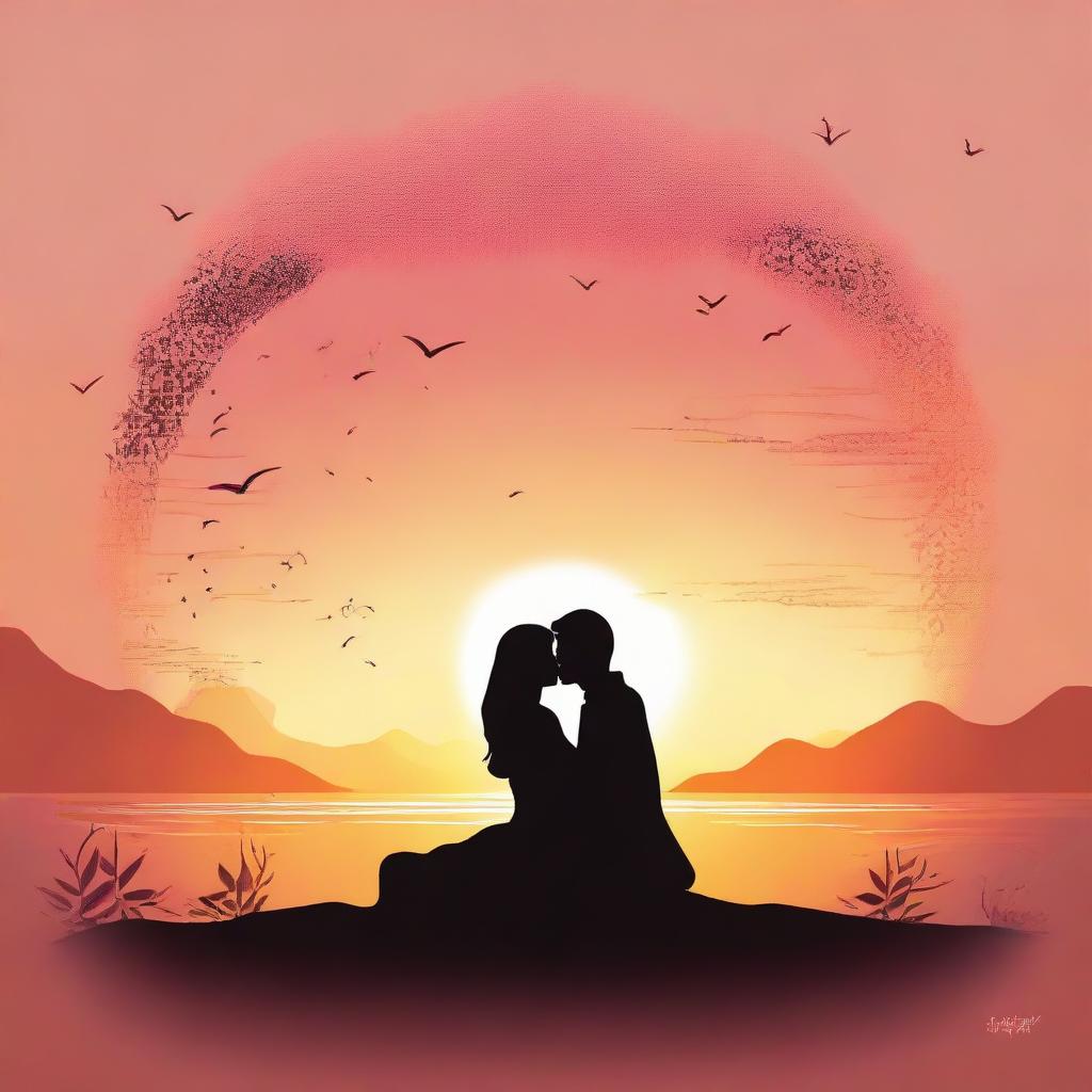 Illustrate 'عاشق', translated as 'lover'. Create an image that expresses deep love and passion, perhaps through a silhouette of a couple against a beautiful sunset or two intertwined hands.