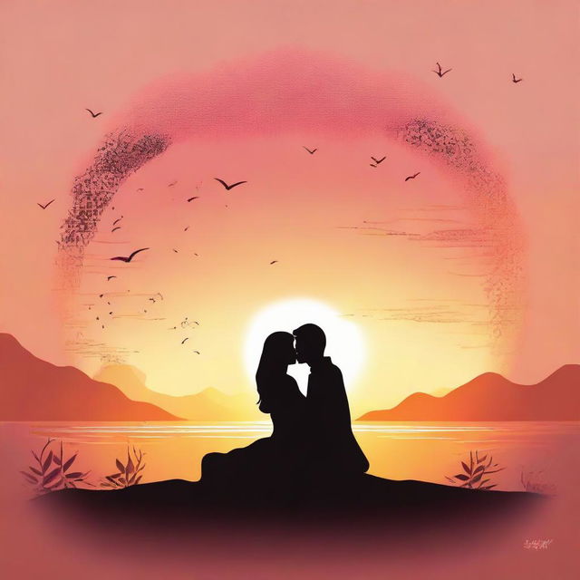 Illustrate 'عاشق', translated as 'lover'. Create an image that expresses deep love and passion, perhaps through a silhouette of a couple against a beautiful sunset or two intertwined hands.