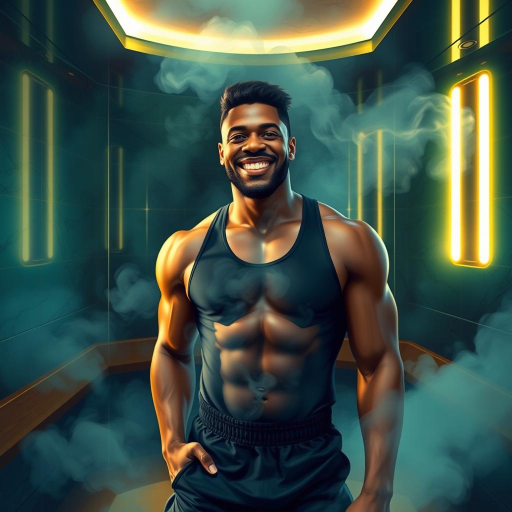 A vibrant and energetic digital painting of KSI, the British YouTuber and professional boxer, in a luxurious steam room