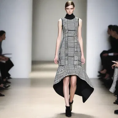 The avant-garde fashion designer showcased an anisometric dress, featuring unsymmetrical patterns and uneven hemlines.