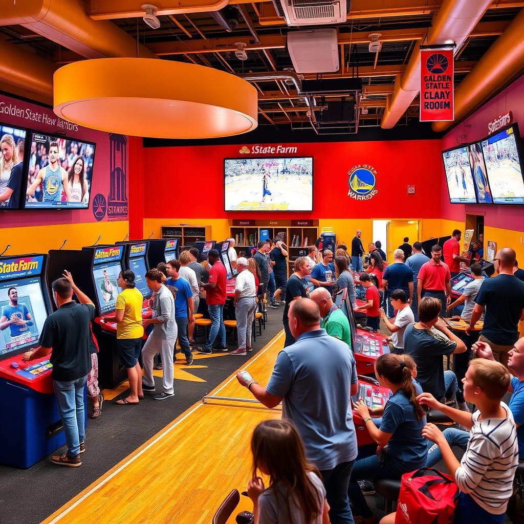 A vibrant, engaging State Farm Game Room located within the Golden State Warriors Arena, filled with interactive games and activities