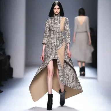 The avant-garde fashion designer showcased an anisometric dress, featuring unsymmetrical patterns and uneven hemlines.