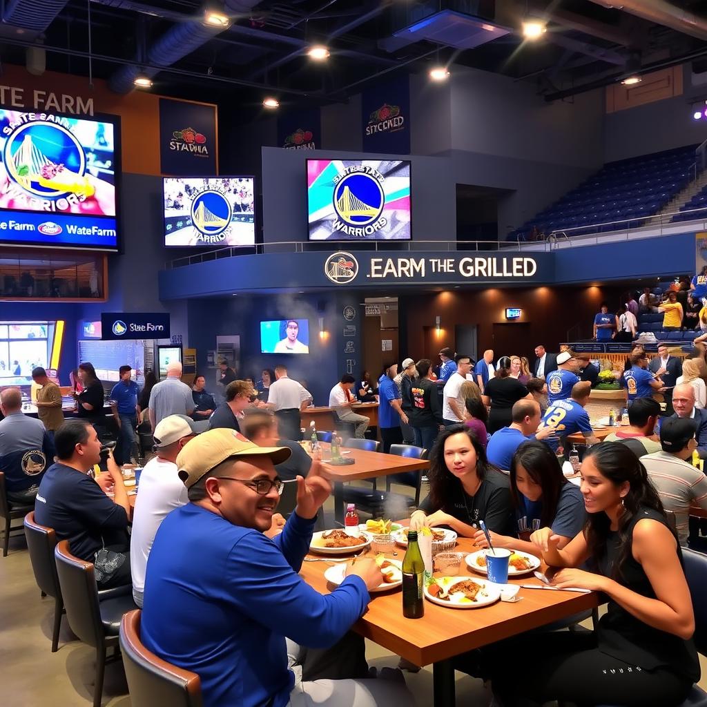 A vibrant and lively atmosphere inside the Golden State Warriors Arena, featuring a modern restaurant named 'State Farm The Grilled'