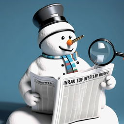 A creative and whimsical snowman gripping a magnifying glass, engrossed in reading an eBook that illustrates the concept of the World Wide Web, depicted as a newspaper.