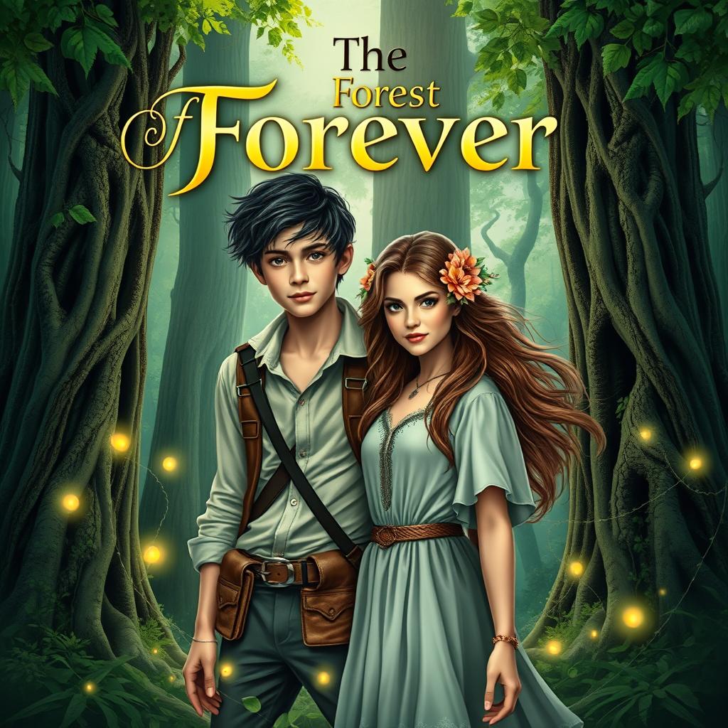A captivating book cover for 'The Forest of Forever', featuring a mystical forest setting as the backdrop
