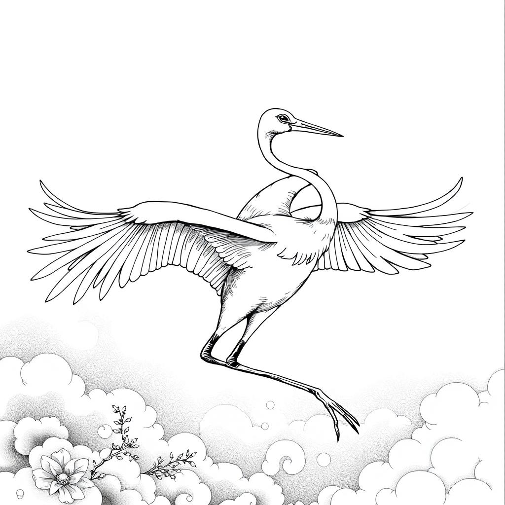 A detailed black and white illustration of a tsuru (crane), showcasing its elegant form and graceful pose