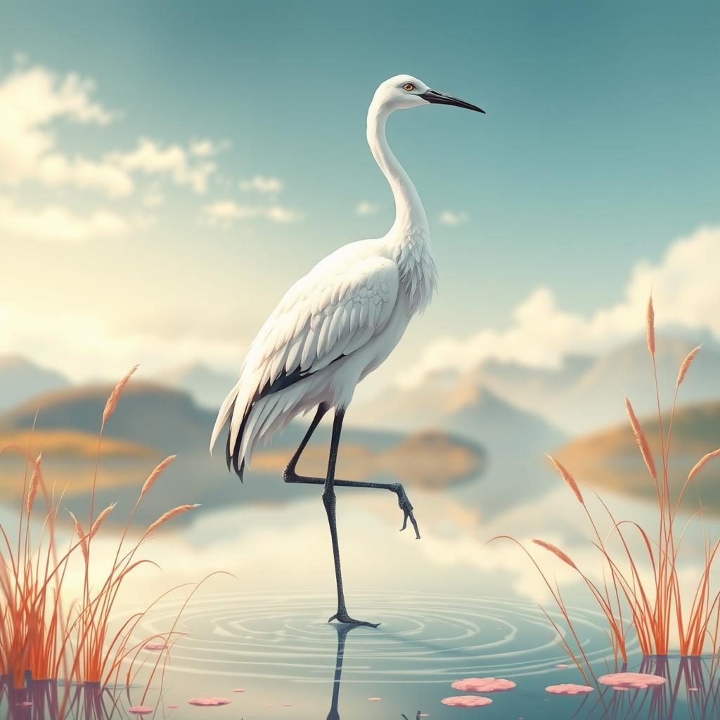A beautifully rendered illustration of a tsuru (crane) in a serene setting