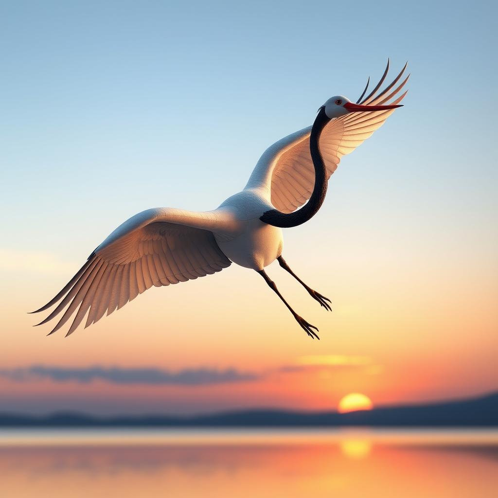 A stunning three-dimensional render of a tsuru (crane) in flight