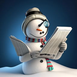 A creative and whimsical snowman gripping a magnifying glass, engrossed in reading an eBook that illustrates the concept of the World Wide Web, depicted as a newspaper.