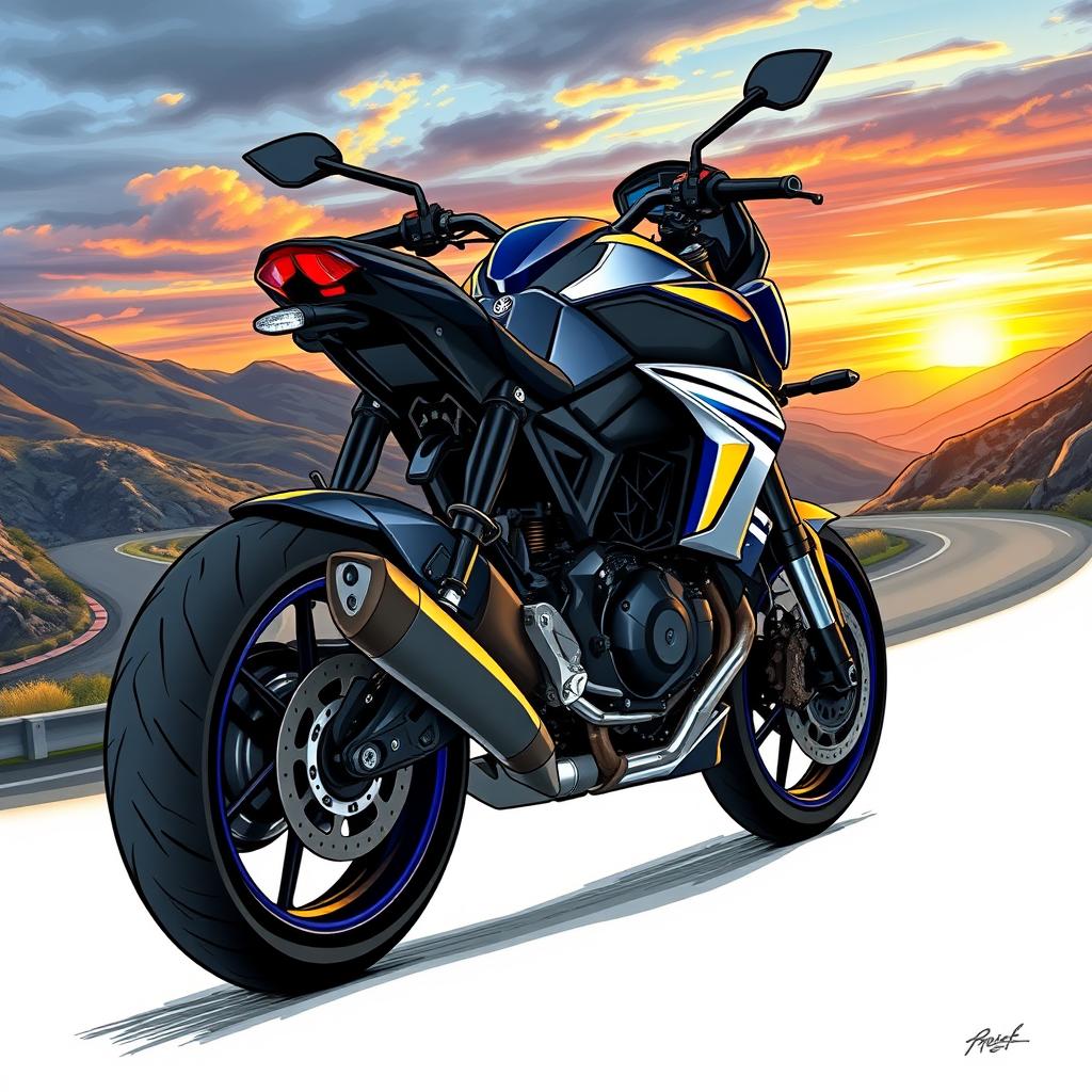 A detailed and dynamic illustration of a Yamaha MT-09 motorcycle, showcasing its aggressive design and sporty features