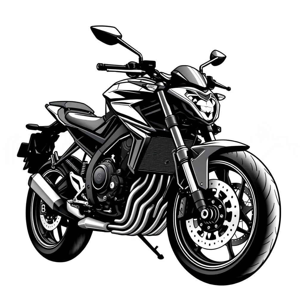 A striking black and white illustration of a Yamaha MT-09 motorcycle, emphasizing its bold lines and mechanical details in a monochromatic style