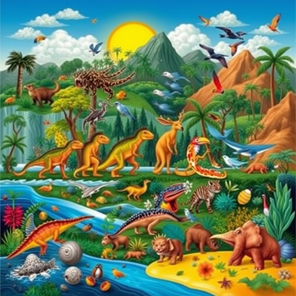 An artistic representation of the concept of evolution, showcasing various stages in the evolution of animals