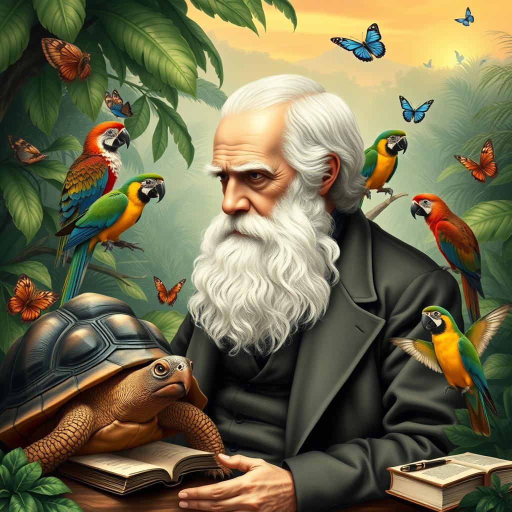 A detailed illustration of Charles Darwin in a Victorian-era setting, surrounded by various exotic animals symbolizing his theories of evolution