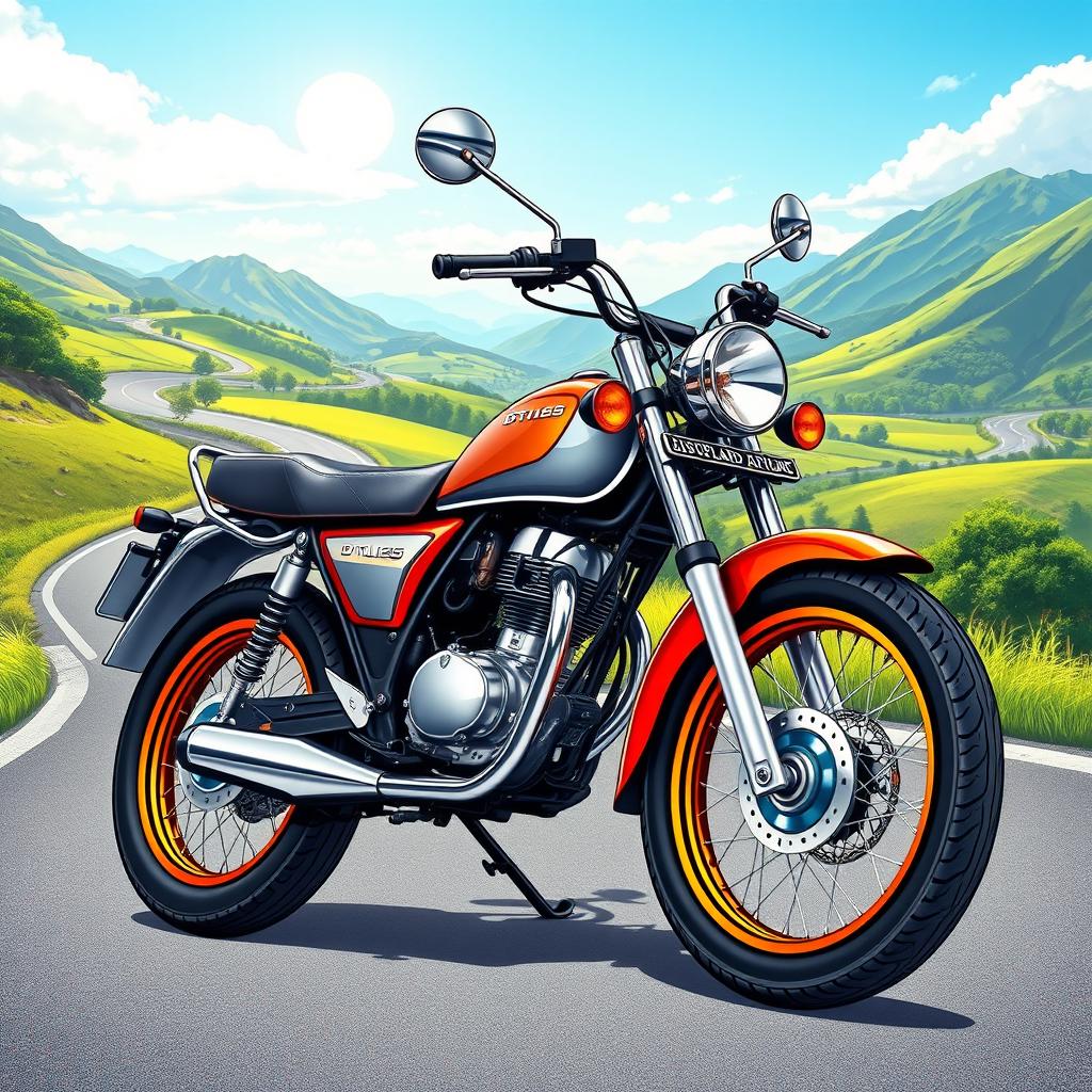 A detailed and vibrant illustration of a DTL125 motorcycle, capturing its classic design and distinctive features