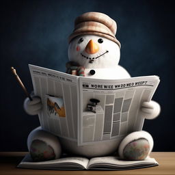 A creative and whimsical snowman gripping a magnifying glass, engrossed in reading an eBook that illustrates the concept of the World Wide Web, depicted as a newspaper.