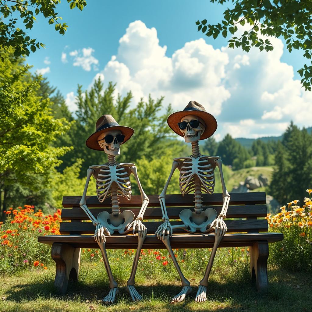 Two skeletons casually sitting on a wooden bench in a picturesque natural setting