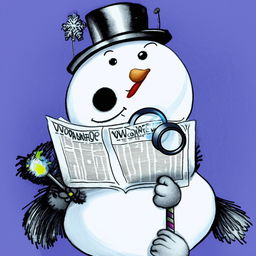 A creative and whimsical snowman gripping a magnifying glass, engrossed in reading an eBook that illustrates the concept of the World Wide Web, depicted as a newspaper.