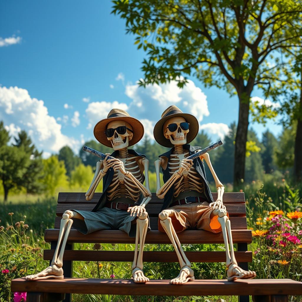 Two skeletons sitting on a wooden bench in a serene natural setting, each holding a blunt