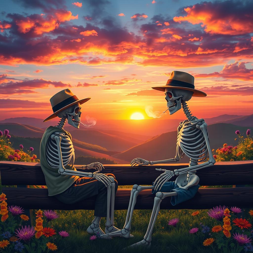 Two skeletons sitting on a wooden bench, smoking leisurely while enjoying a breathtaking view of rolling hills and a colorful sunset