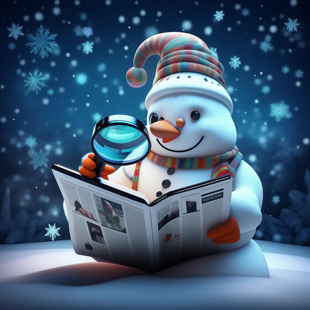 A vibrant scene featuring a whimsical snowman holding a magnifying glass, intently observing an ebook that appears as a World Wide Web newspaper.