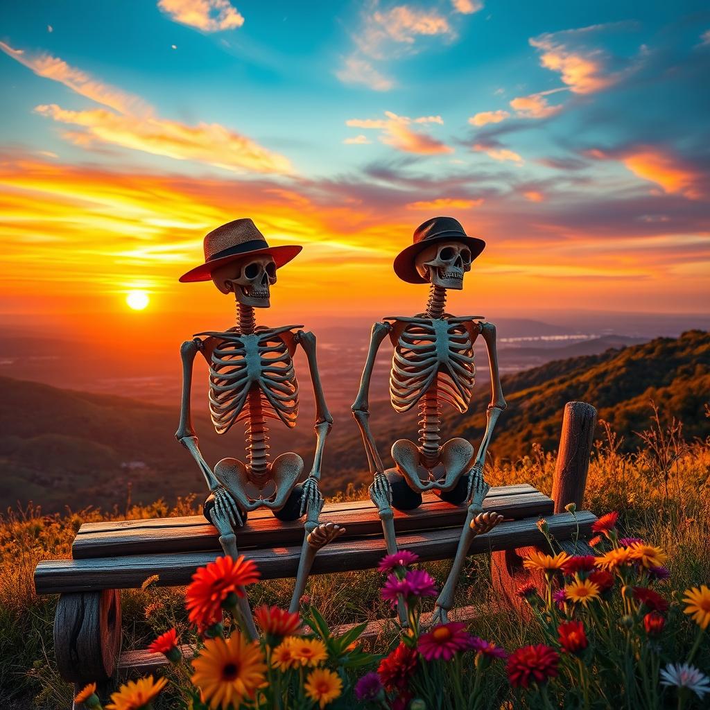 Two skeletons sitting on a rustic wooden bench, overlooking a stunning panoramic view of rolling hills and a picturesque valley