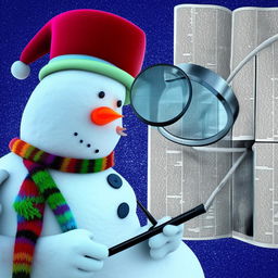 A vibrant scene featuring a whimsical snowman holding a magnifying glass, intently observing an ebook that appears as a World Wide Web newspaper.