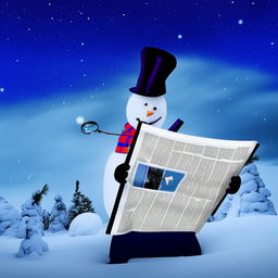 A vibrant scene featuring a whimsical snowman holding a magnifying glass, intently observing an ebook that appears as a World Wide Web newspaper.