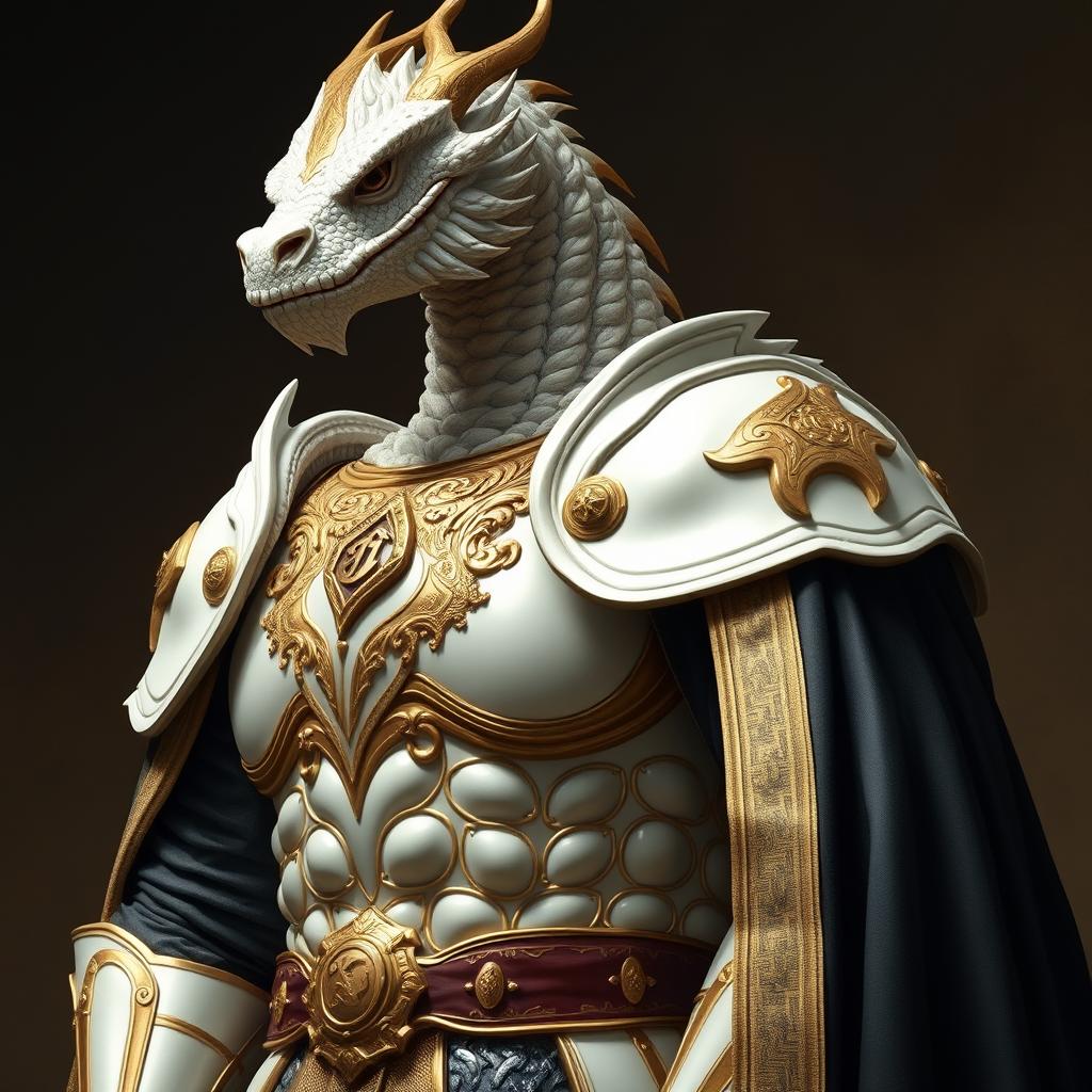 A classical portrait of the upper part of an ancient dragon/human king, showcasing his powerful stature, a regal pose, and a tired face