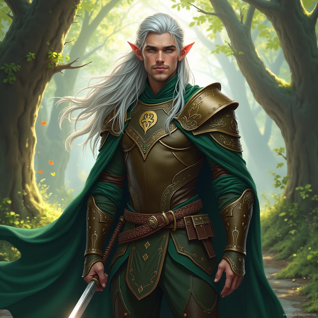 A full-body portrayal of a half-elf character inspired by Dungeons & Dragons, showcasing a perfect blend of human and elven features