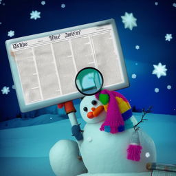 A vibrant scene featuring a whimsical snowman holding a magnifying glass, intently observing an ebook that appears as a World Wide Web newspaper.