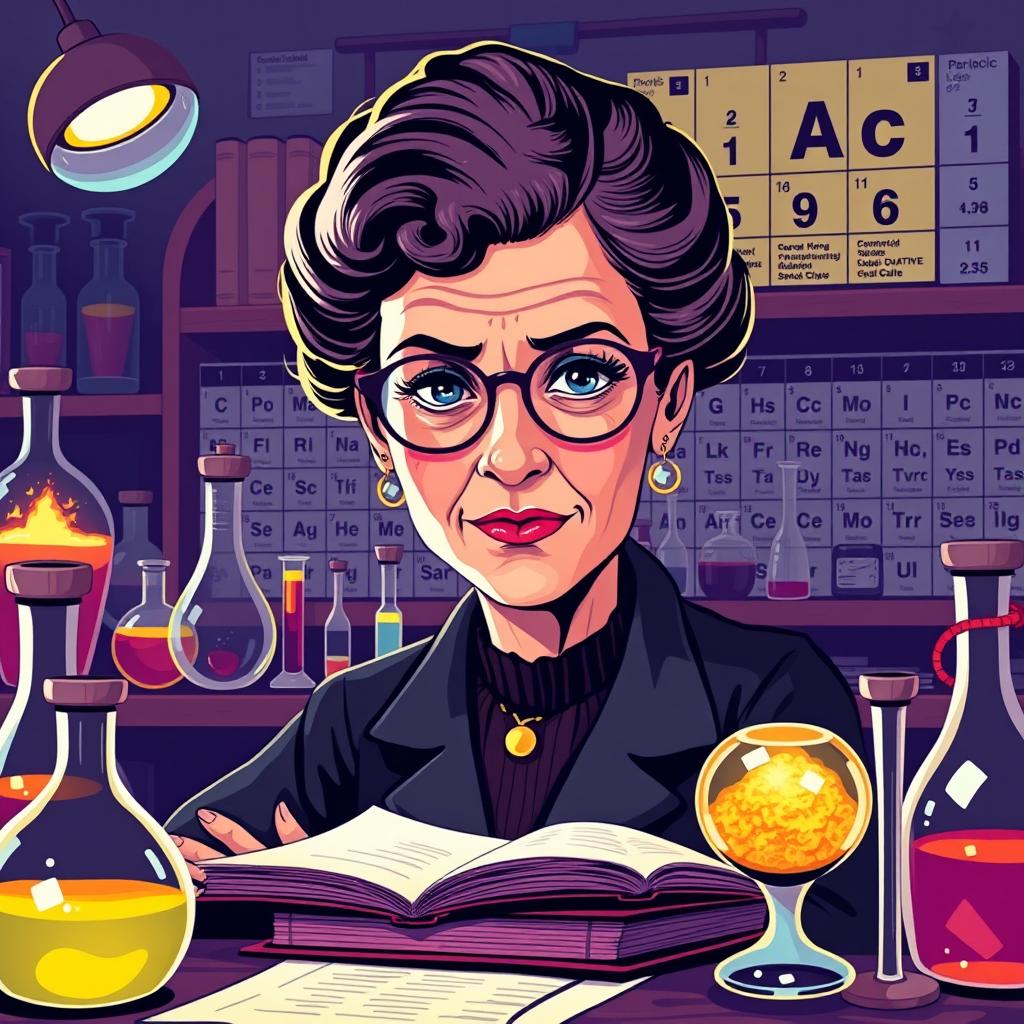 A stylized and vibrant illustration of Marie Curie, focusing on her iconic features such as her glasses, her determined expression, and her signature hairstyle