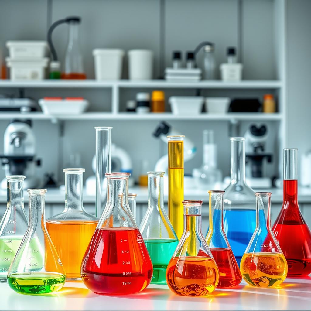 A beautifully arranged laboratory scene filled with colorful glass laboratory beakers, test tubes, and flasks