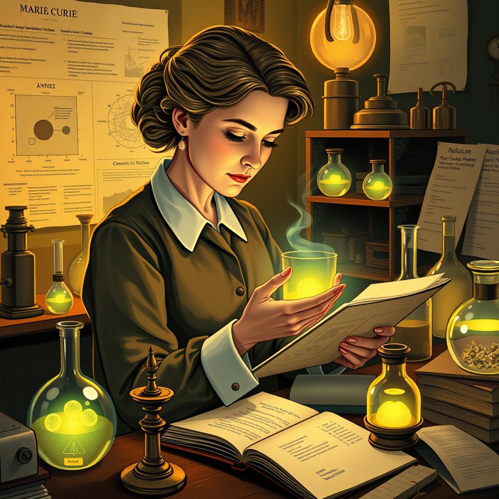A detailed illustration of Marie Curie in her laboratory, surrounded by scientific equipment and glowing beakers containing radium and polonium