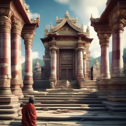 A high-resolution, ultra-detailed and slightly absurdist image of a beautiful temple scene, incorporating an element of something broken. Insert a figure with a girl-boy ratio of 1:3.