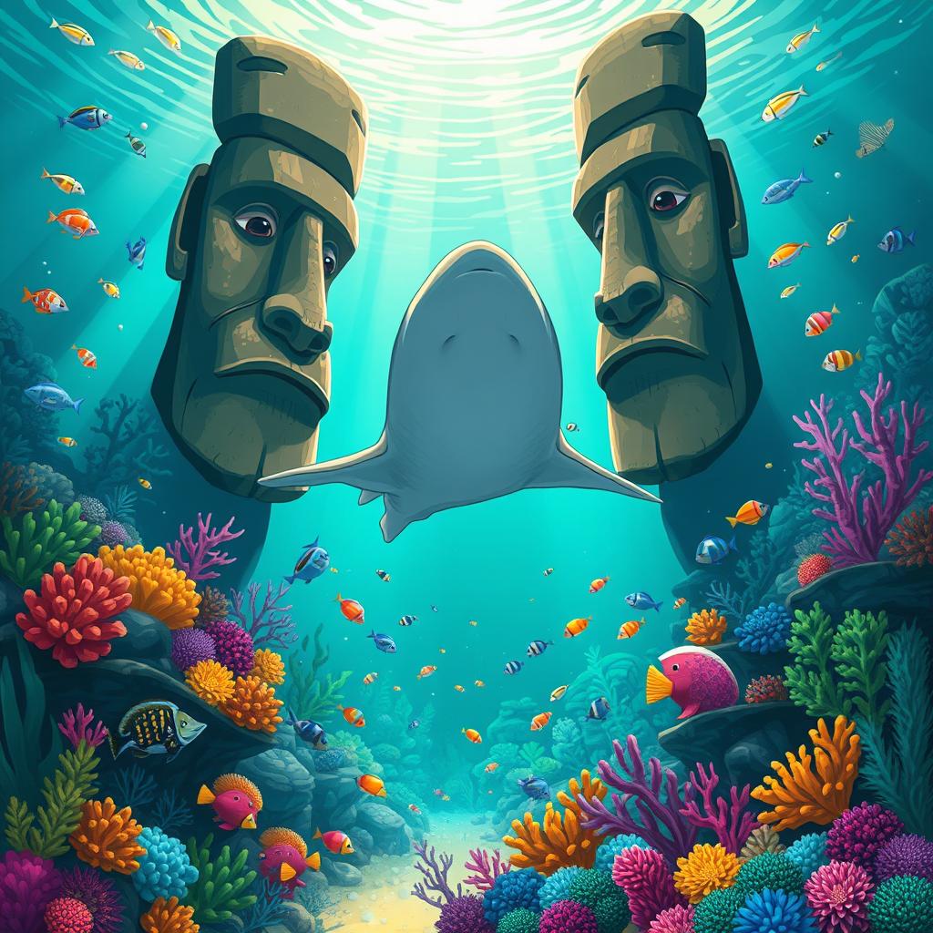 A hammerhead shark swimming gracefully between two iconic Easter Island heads at the ocean floor, surrounded by a vibrant underwater scene filled with an array of colorful marine life including coral reefs, tropical fish, and lush seaweed