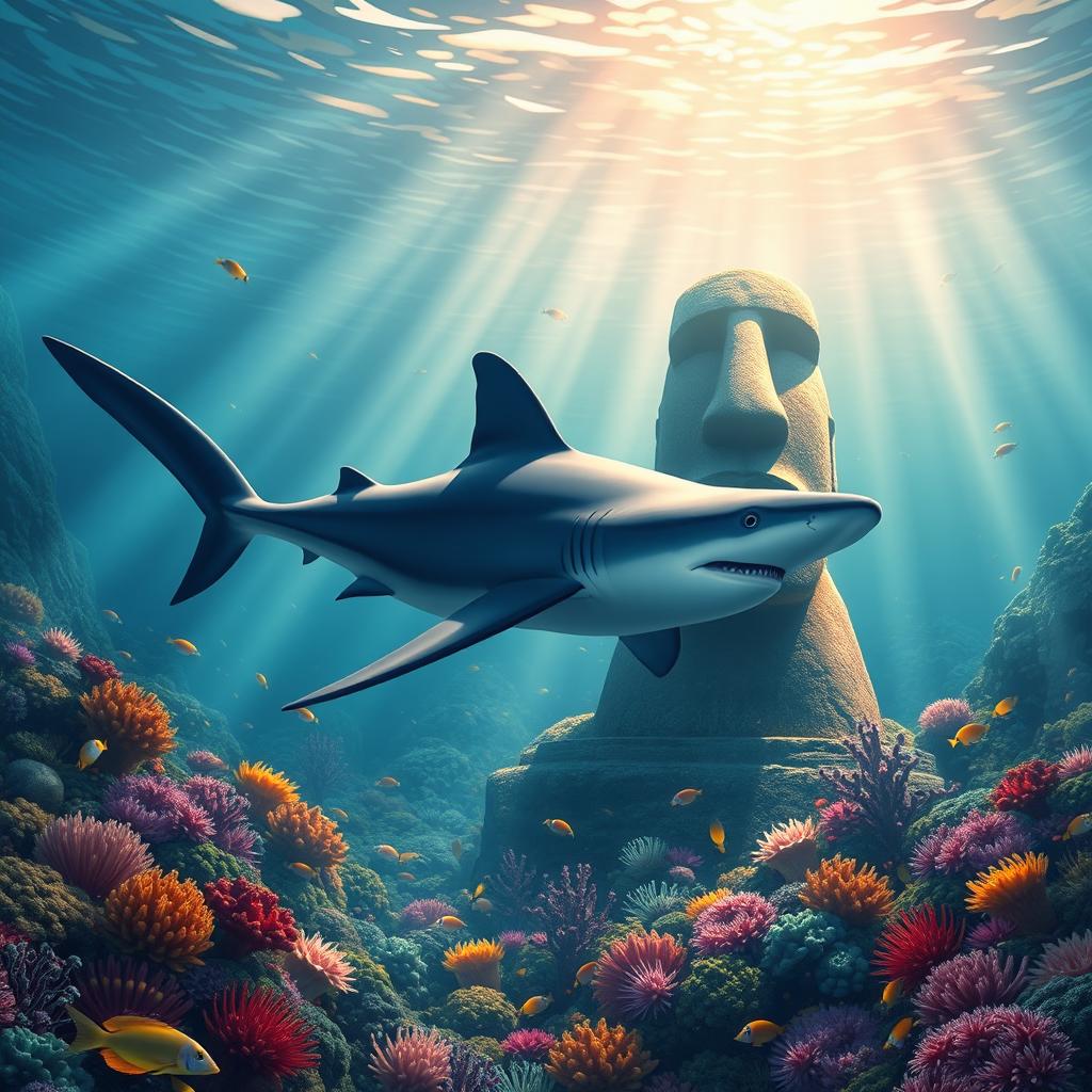 A hammerhead shark swimming gracefully between two iconic Easter Island heads at the ocean floor, surrounded by a vibrant underwater scene filled with an array of colorful marine life, including coral, anemones, and tropical fish