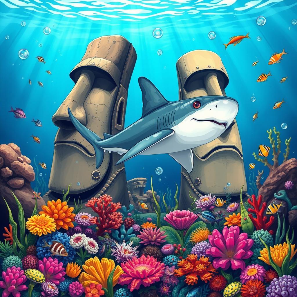 A hammerhead shark gliding gracefully between two distinct Easter Island heads situated on the ocean floor