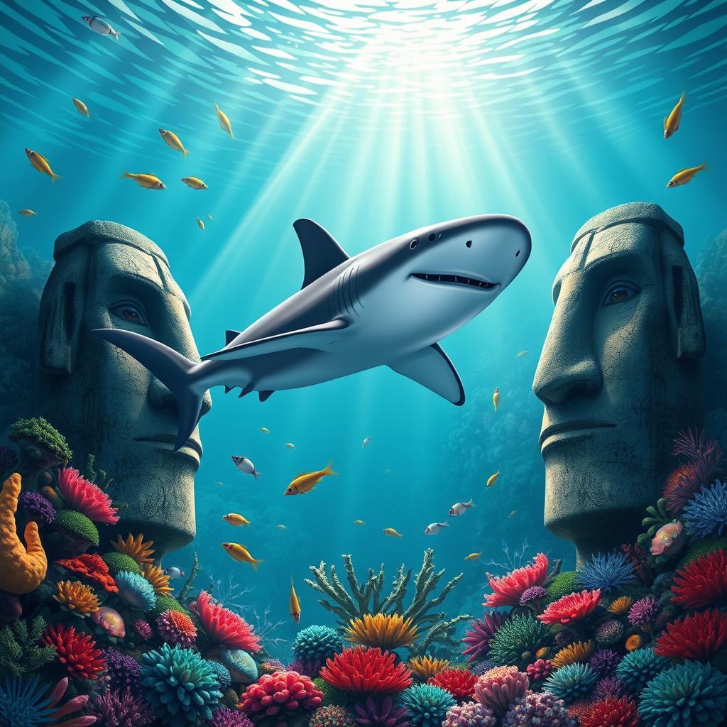 A hammerhead shark gliding smoothly between two Easter Island heads positioned at the ocean floor, surrounded by a rich and colorful underwater landscape featuring a diverse array of marine flora and fauna, such as vibrant corals, exotic fish, and delicate sea plants