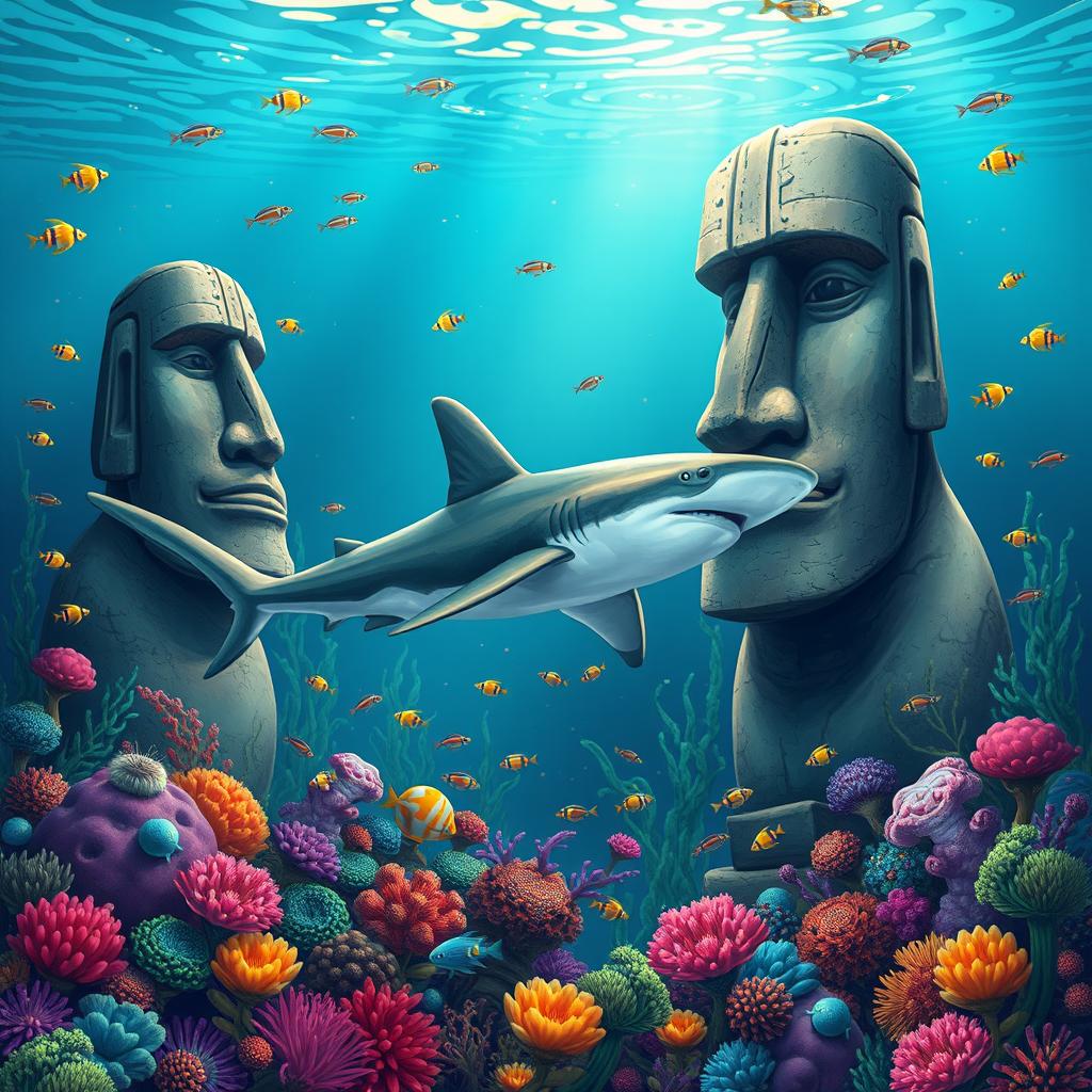 A hammerhead shark species gracefully swimming between two distinct Easter Island heads positioned at the ocean floor