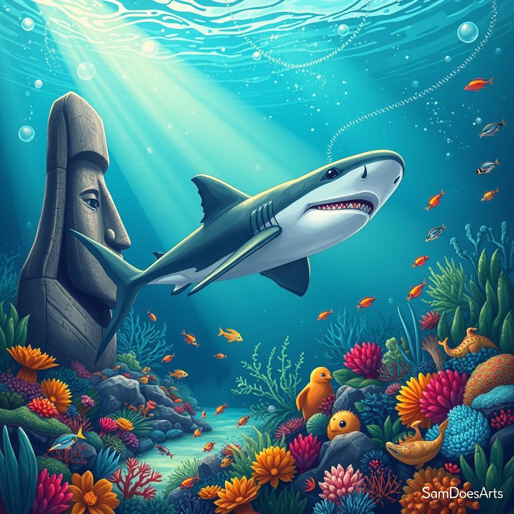 A majestic hammerhead shark swimming gracefully between two iconic Easter Island heads, positioned on the ocean floor