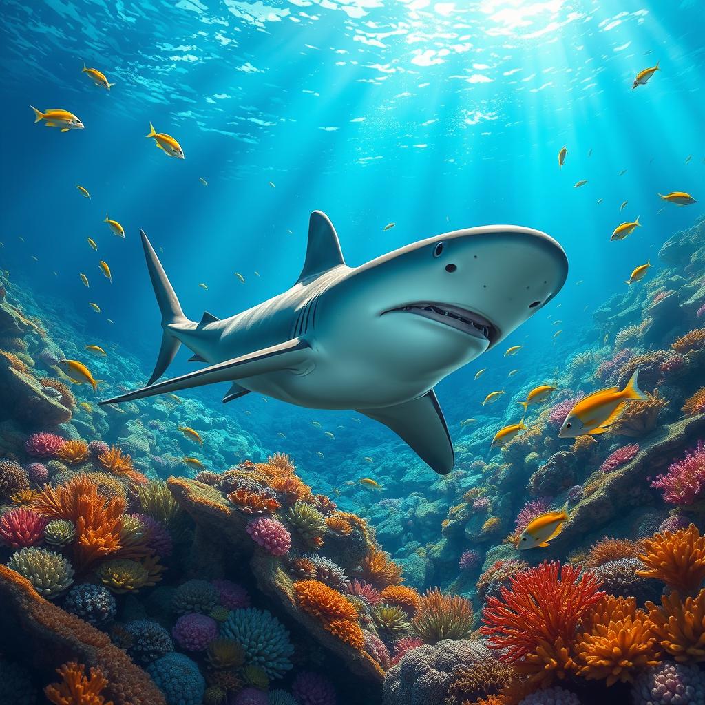 A hammerhead shark swimming gracefully near the sea floor, captured in a stunning digital painting