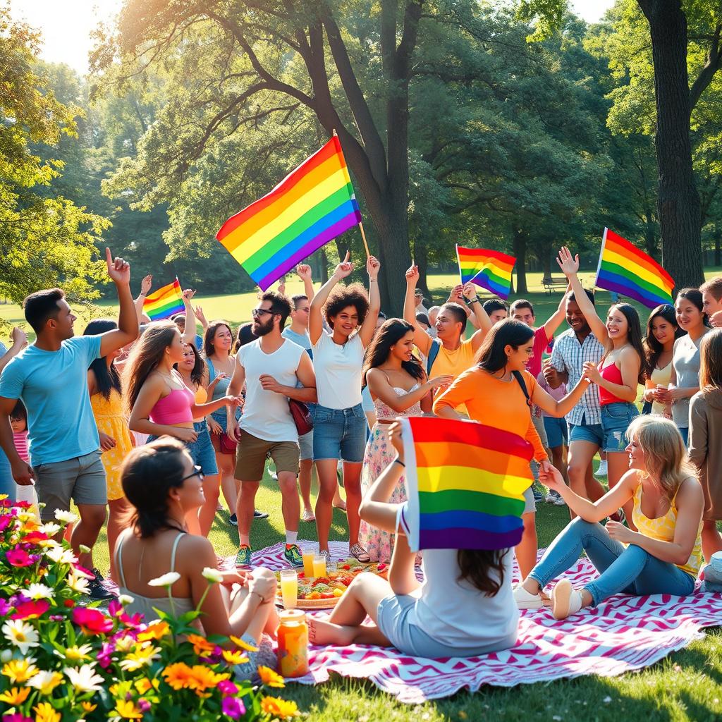 A vibrant and colorful scene depicting a joyful LGBTQ celebration in a park, featuring a diverse group of individuals of various ethnicities and gender identities, proudly displaying rainbow flags and wearing bright, festive clothing