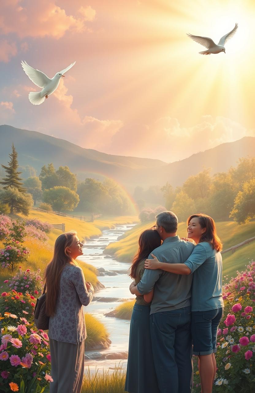 A serene and uplifting scene representing God's love and healing, showcasing a radiant light emanating from the heavens, illuminating a peaceful landscape filled with blooming flowers, gentle streams, and lush trees