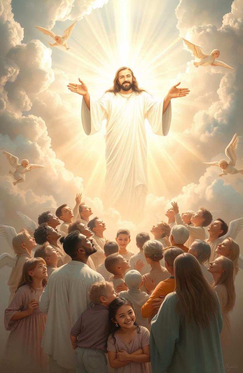 A heavenly scene depicting God's salvation, showcasing a radiant figure symbolizing divine grace and forgiveness