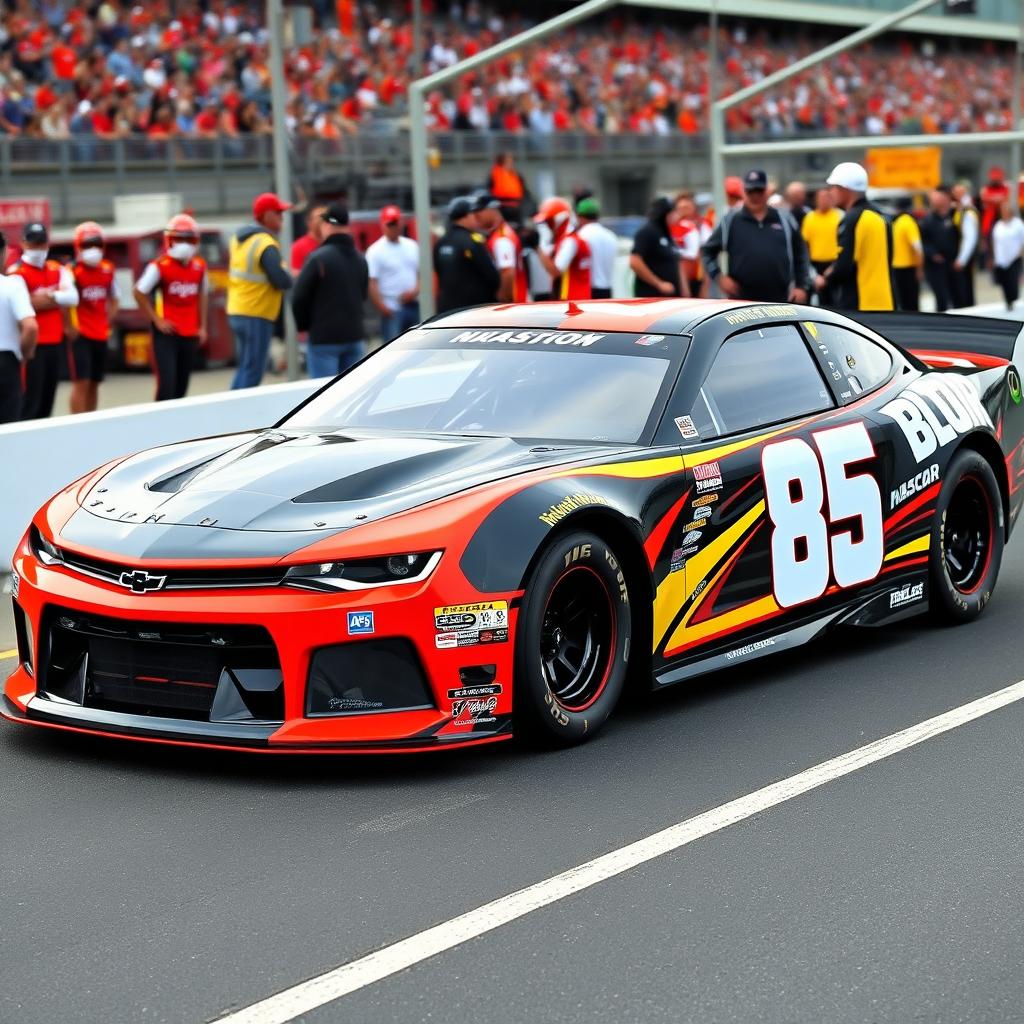 A sleek, aggressive two-door sports coupe designed for NASCAR competition, painted in a striking color scheme featuring the number 85 prominently displayed on its side