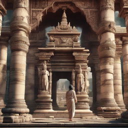 A high-resolution, ultra-detailed and slightly absurdist image of a beautiful temple scene, incorporating an element of something broken. Insert a figure with a girl-boy ratio of 1:3.