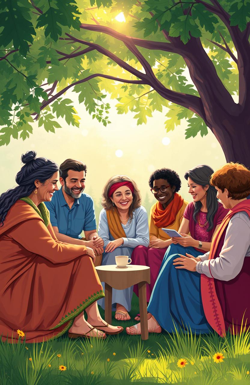 An artistic representation of inclusiveness and faith, capturing a diverse group of people from various backgrounds and abilities engaged in a community circle