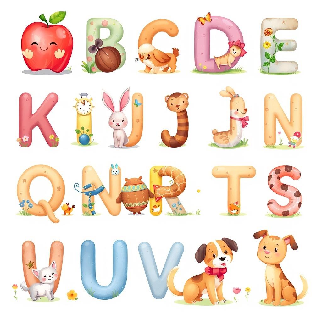 A charming and whimsical illustration for each letter of the alphabet, depicting adorable animals, objects, and scenes that correspond to each letter