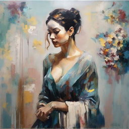 A high quality, beautiful fresco composition of a woman made from an evening scene with expressive brushstrokes, palette knife techniques, varying hues and contrasting shadows, all skillfully placed on an easel, by yukisakura.